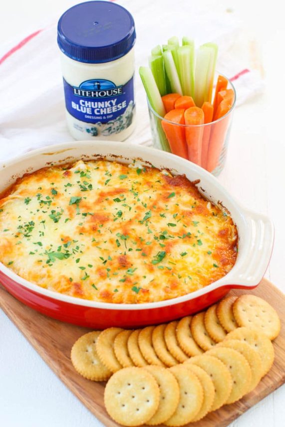 Creamy Buffalo Chicken Dip with Litehouse Chunky Blue Cheese Dressing