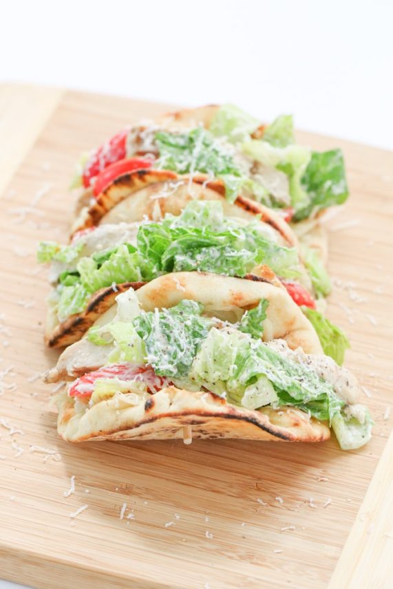 Preparing a batch of 20-Minute Chicken Caesar Pita Pockets