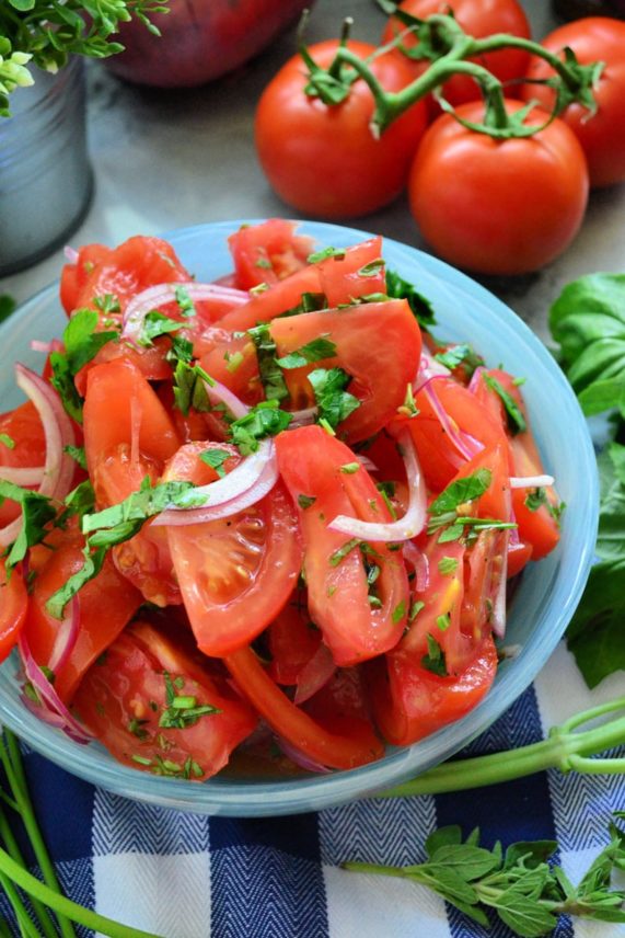 Balsamic Tomato and Onion Salad made with fresh tomatoes on the vine