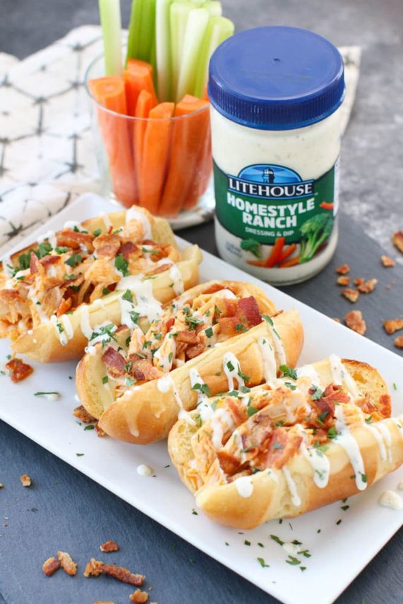 Buffalo Chicken Sliders with Bacon and Ranch Sliders on a platter