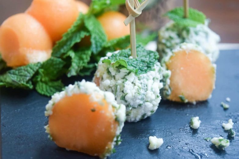 Freshly garnished Feta & Herb Cantaloupe Truffles