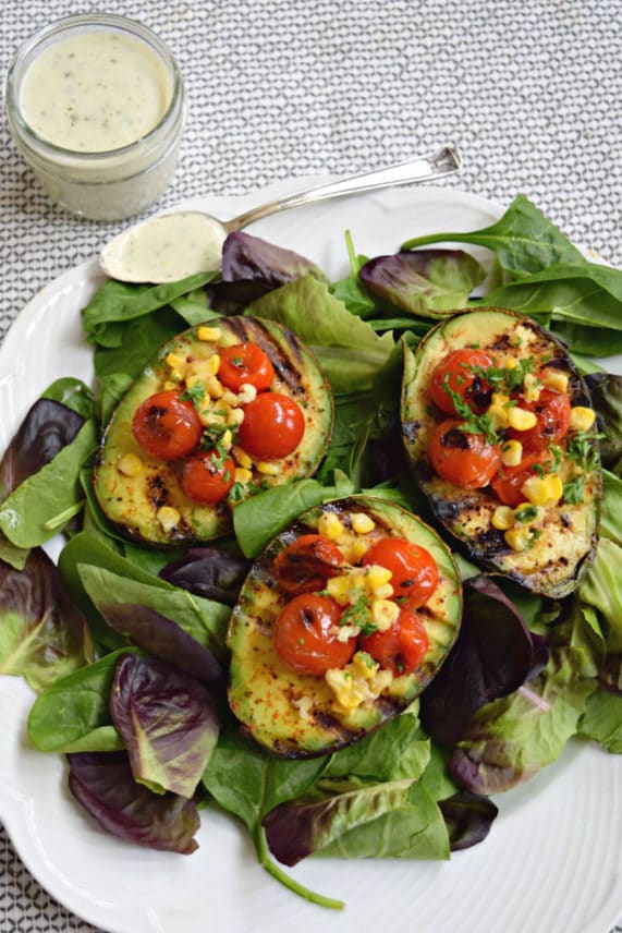Just served Grilled Avocado Salad with Flame-Kissed Tomatoes and Corn