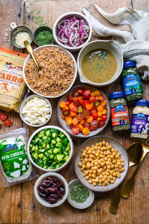 Prepping to make a fresh batch of Farro Greek Salad