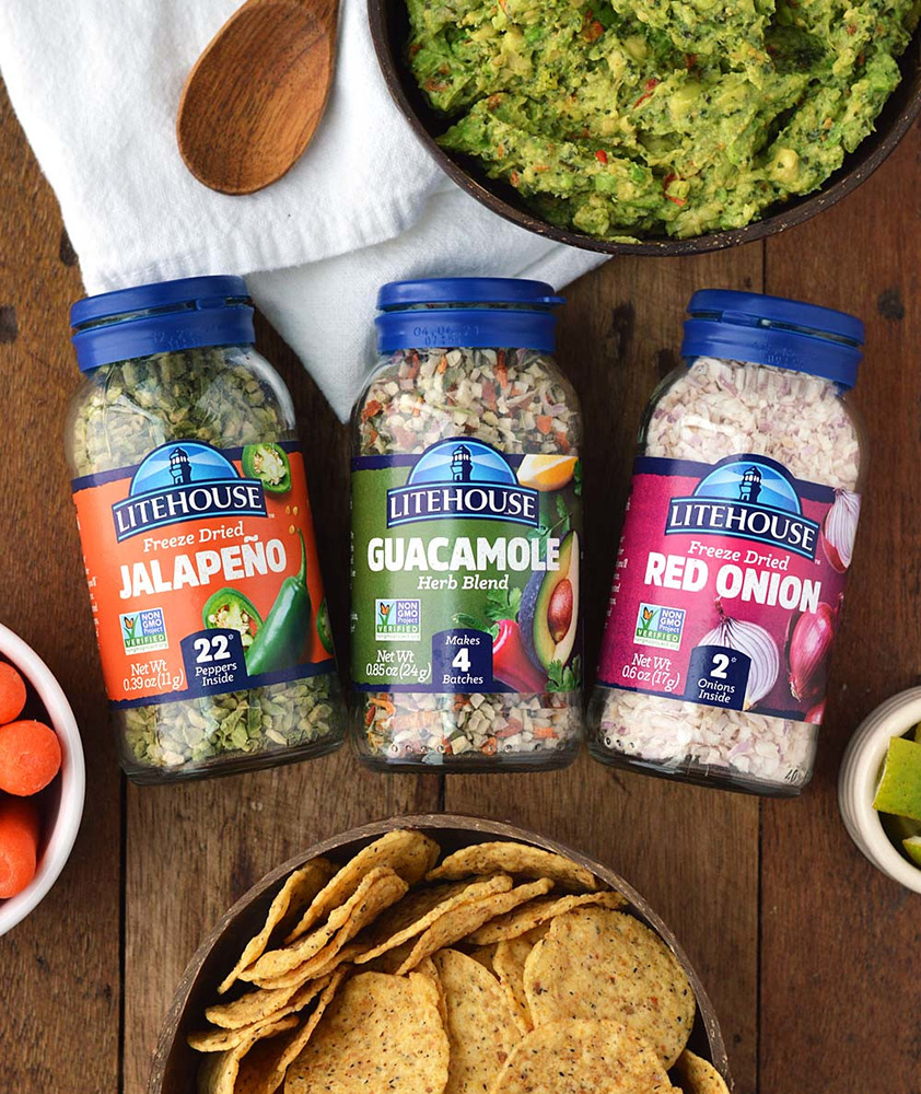 Herb-Infused Dinners made with Litehouse freeze dried guacamole, Jalapeño and red onion