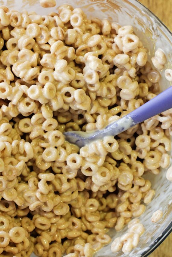 Preparing a big batch of No Bake Caramel Apple Cider Cereal Bars