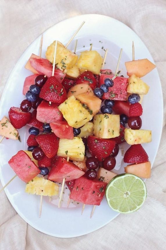 Large platter of Basil-Lime Fruit Kabobs