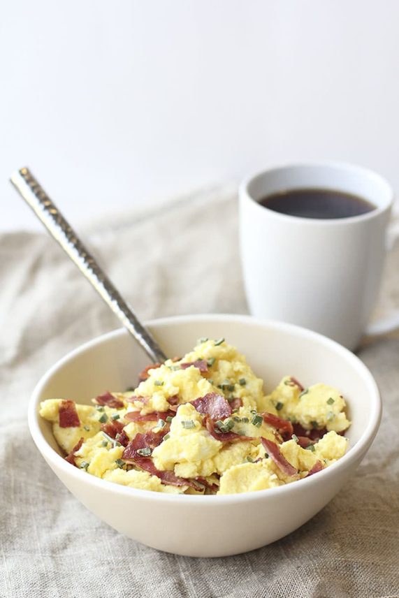 Big bowl of Oven Baked Ranch Scrambled Eggs with Coffee