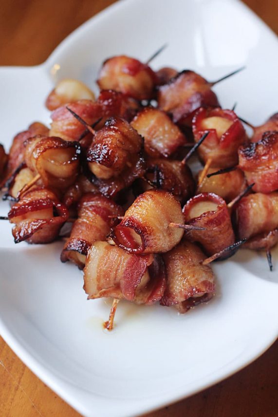Big platter of Sesame Ginger Bacon Wrapped Water Chestnuts