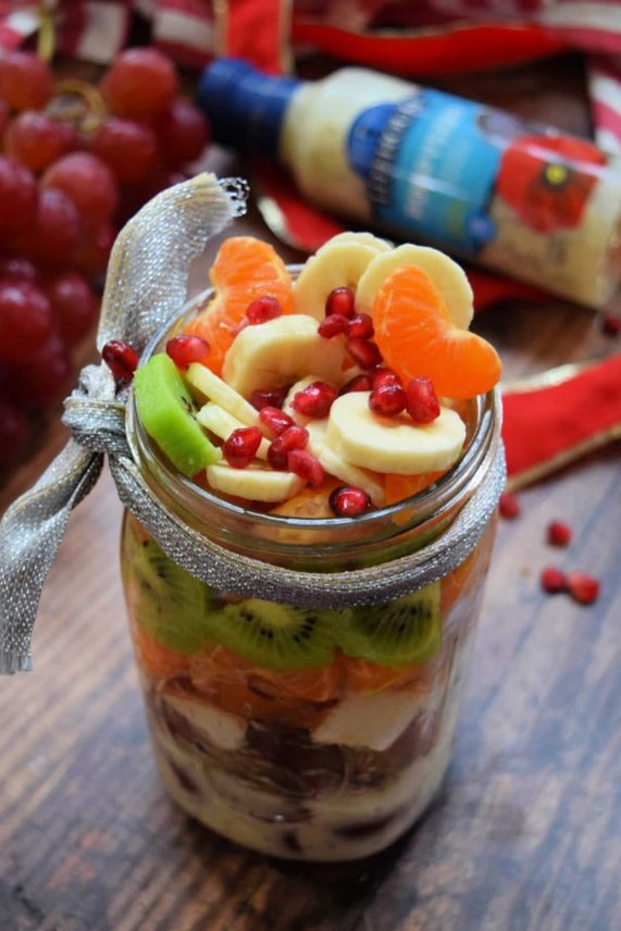 Mason jar full of Festive Fruit Salad