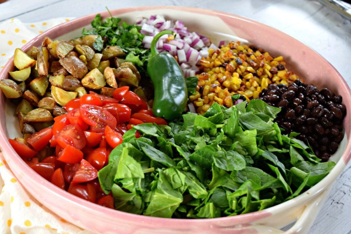 Mexican More Than Potato Salad ingredients ready to stir
