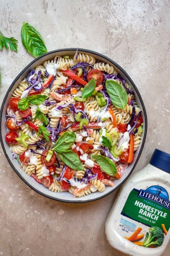 Freshly made bowl of Ranch Pasta Salad