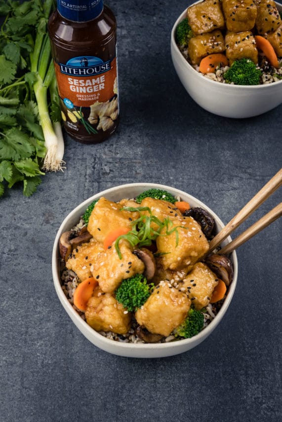 Sesame Ginger Tofu Stir Fry Bowl with Litehouse Sesame Ginger Dressing