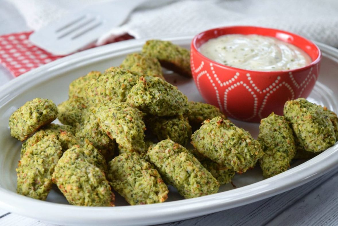 Parmesan Broccoli Tots on a tray with Homestyle Ranch