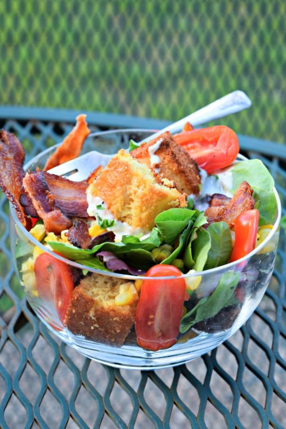 Homestyle Ranch & Bacon Cornbread Panzanella ready to server