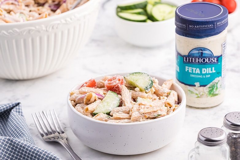 Cucumber Pasta Salad with Litehouse Feta Dill Dressing