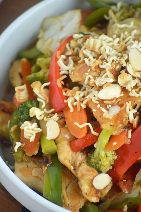Large serving of Sticky Orange Ginger Chicken with Crispy Sesame Topping